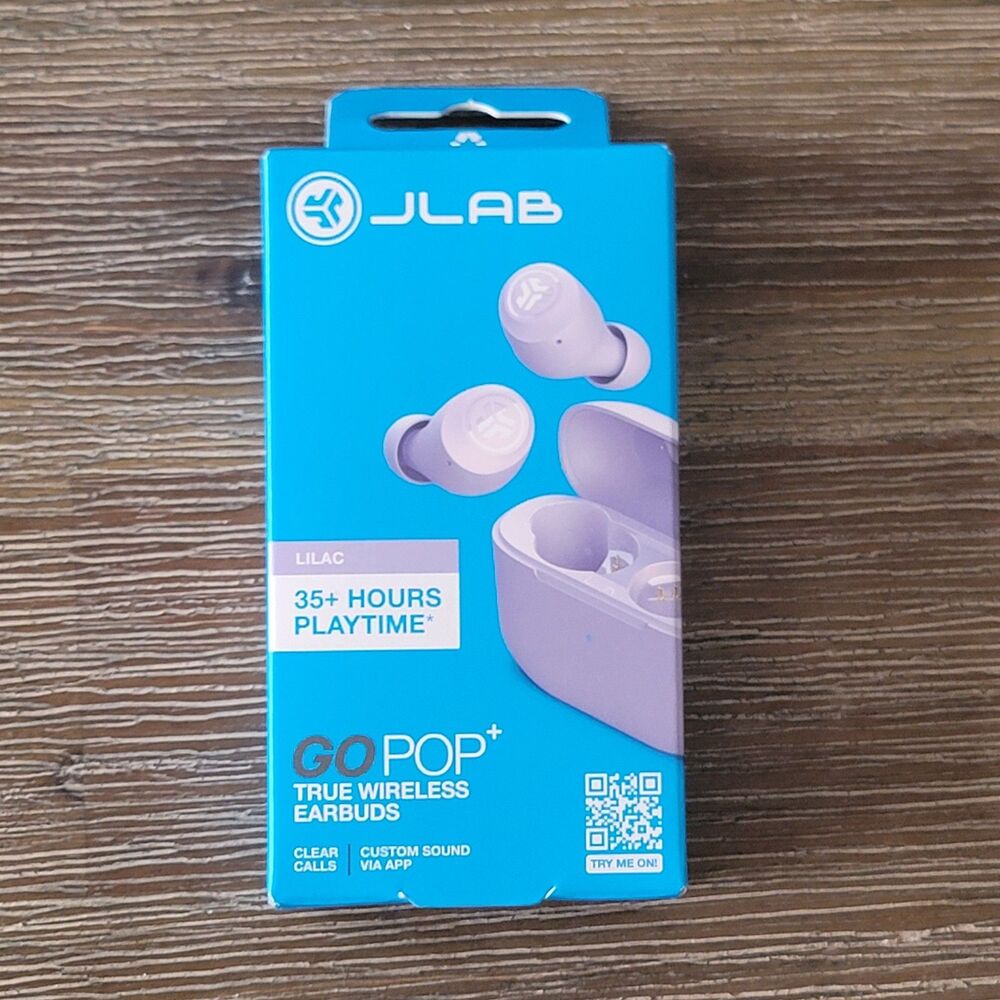 JLab GO POP+ True Wireless Earbuds Lilac Bluetooth 35+ HRS IPX4 USB C Cable New